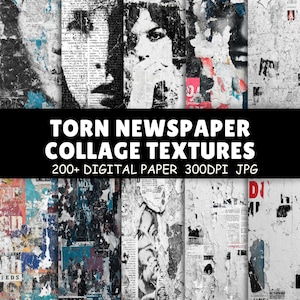 May include: A collection of digital paper textures featuring torn newspaper collage designs. The image displays various distressed paper backgrounds with visible text, faces, and color accents. The text on the image reads: "TORN NEWSPAPER COLLAGE TEXTURES 200+ DIGITAL PAPER 300DPI JPG."