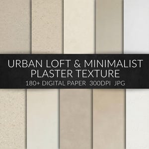 Può includere: Un set di carte digitali con varie texture di intonaco in tonalità neutre. L'immagine mostra una collezione di campioni rettangolari verticali in tonalità beige, crema e bianco. Il testo "URBAN LOFT & MINIMALIST PLASTER TEXTURE" è presente.