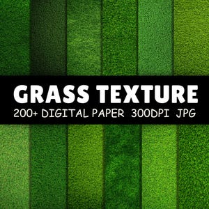 Op de afbeelding: Een digitaal papierpakket met diverse groene grastructuren. De afbeelding toont de tekst "GRASS TEXTURE" en "200+ DIGITAL PAPER 300DPI JPG". De texturen variëren in tinten groen, wat opties biedt voor digitale ontwerpen.