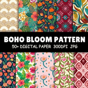 May include: A collection of digital paper patterns with a boho bloom theme. The patterns feature floral designs in various colors, including orange, pink, and teal. The text "BOHO BLOOM PATTERN" is displayed above the patterns, along with "50+ DIGITAL PAPER 300DPI JPG".