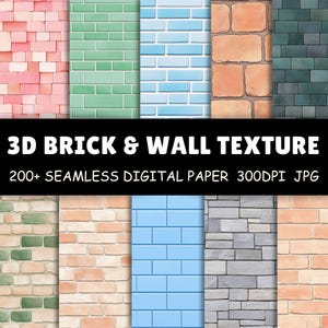 Puede incluir: Una colección de papeles digitales con texturas de ladrillos y paredes en 3D. La imagen muestra varios patrones de ladrillos en tonos rosa, verde, azul y marrón. El texto dice "3D BRICK & WALL TEXTURE" y "200+ SEAMLESS DIGITAL PAPER 300DPI JPG."