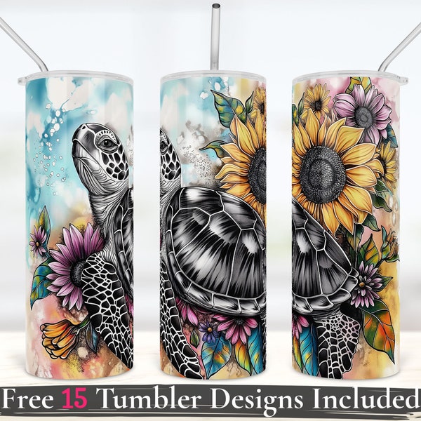 Sea Turtle Tumbler Wrap Sublimation png sunflower Tumbler Design 20oz skinny tumbler realistic drawing Digital download commercial use