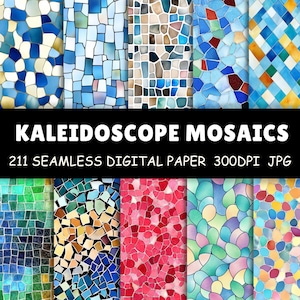 Puede incluir: Conjunto de papeles digitales con diseños de mosaicos en tonos azules, verdes y rojos. La imagen incluye el texto "KALEIDOSCOPE MOSAICS" y detalles sobre las especificaciones del papel, ofreciendo una variedad de patrones sin costuras.