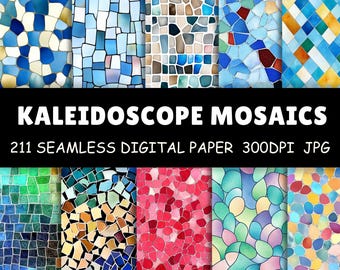 211 Kaleidoscope Mosaics Seamless Pattern Textures - Colorful Stained Glass Digital Paper Backgrounds - Commercial Use