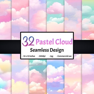 Pastel cloud Bundle Digital paper Seamless colorful cloud sky background 12 inches texture rainbow theme Digital download Commercial use