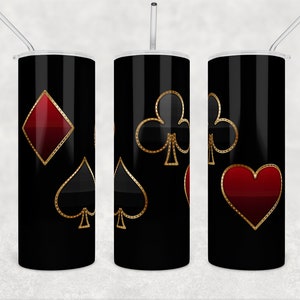 Plantilla de diseño de vaso delgado de 20 oz con diseño de naipes de póker, sublimación, rojo, negro, as, corazones, picas y diamantes, descarga digital