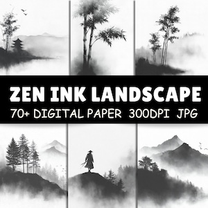 May include: A set of digital papers showcasing black and white Zen ink landscape art. The images portray tranquil scenes of mountains, trees, and water, with a minimalist style. The text reads "ZEN INK LANDSCAPE" and "70+ DIGITAL PAPER 300DPI JPG".