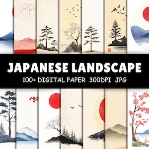 Oltre 100 stampe artistiche Zen Ink - Decorazione murale minimalista con paesaggio giapponese - Poster con montagne Sumi-e del sole rosso - Uso commerciale con estetica asiatica
