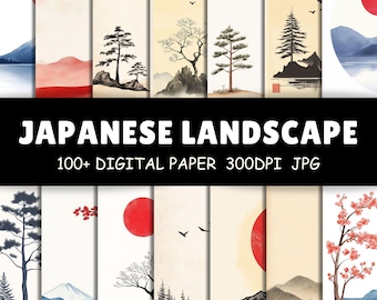 100+ Zen Ink Art Prints - Minimalistisch Japans landschap muurdecoratie - Poster Red Sun Sumi-e Mountains - Aziatisch esthetisch commercieel gebruik