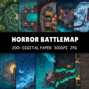 Könnte beinhalten: Eine Sammlung digitaler Horror-Kampfkarten. Die Karten zeigen verschiedene Umgebungen, darunter ein Labyrinth, ein Pool, ein Gebäudeinneres und eine Schneelandschaft. Der Text "HORROR BATTLEMAP" wird zusammen mit "200+ DIGITAL PAPER 300DPI JPG" angezeigt.