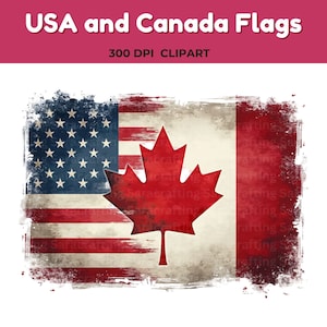 Patriotic USA Canada Flag Sublimation Png Clipart | Grunge Watercolor American Canadian Flag Design | Commercial Use PNG for T-Shirts Crafts