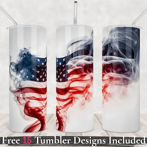 May include: Three white tumblers with a red, white, and blue smoke design. The design resembles the American flag.  Free 15 Tumbler Designs Included.