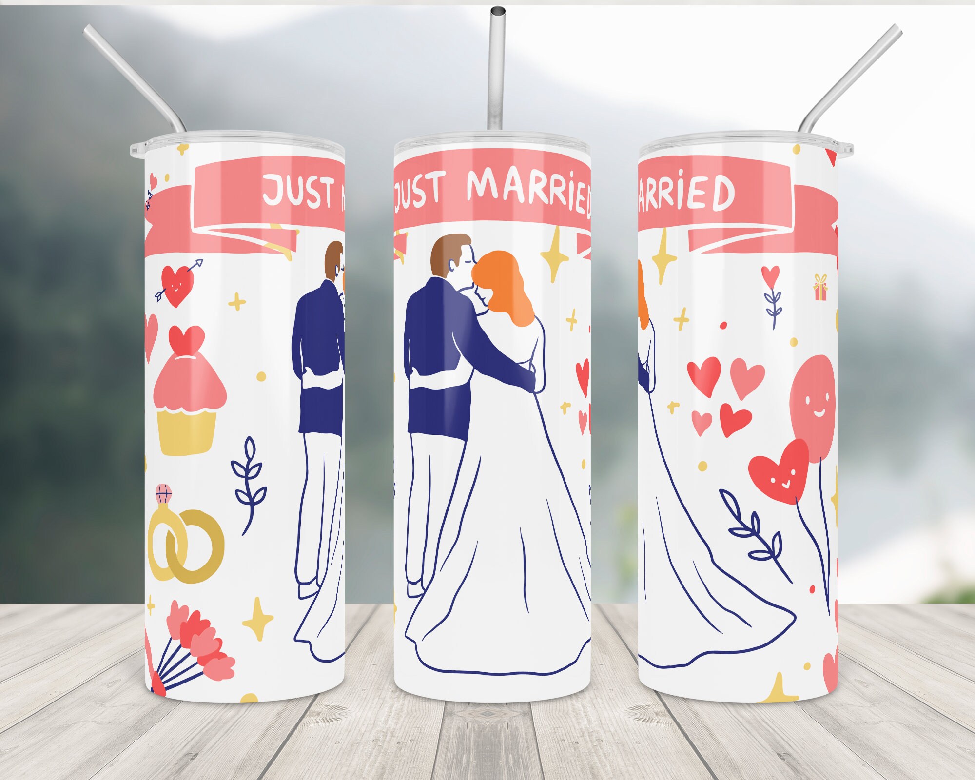Just Married Tumbler Wrap png design straight and tapered file | Etsy