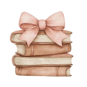 May include: A stack of four brown books with a pink bow on top. The books are tied together with a pink ribbon.