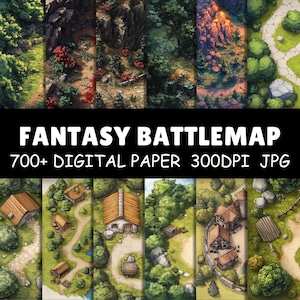 Könnte beinhalten: Eine Sammlung von Fantasy-Battlemaps mit verschiedenen Terrains, darunter Wälder, Berge und Dörfer. Das Bild zeigt eine Vielzahl von digitalen Papierdesigns mit dem Text "FANTASY BATTLEMAP" und "700+ DIGITAL PAPER 300DPI JPG" in Weiß.