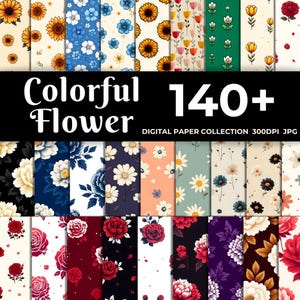 140+ Colorful Flower Digital Paper | Vibrant Floral Patterns | Seamless Botanical Backgrounds for Scrapbook Sublimation Commercial use