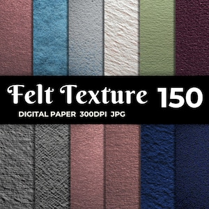 May include: A digital paper image featuring a variety of felt textures in shades of red, blue, gray, white, green, and purple. The image includes the text "Felt Texture 150" and "DIGITAL PAPER 300DPI JPG".