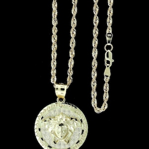 Mens Real 10K Yellow Gold Diamond Cut Medusa Head Pendant & 2.5mm Rope Chain