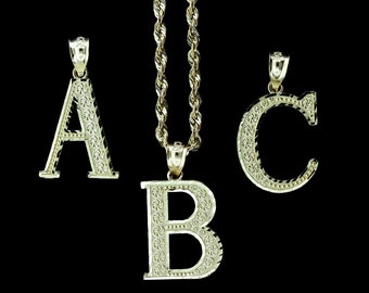 10K Solid Yellow Gold Diamond Cut Initial Letter Charm Pendant A-Z Alphabet • Rope Chain Necklace Set • A-Z Alphabet Initial Necklace Charm