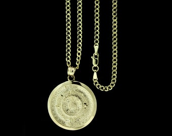 Real 10K Solid Yellow Gold Aztec Mayan Calendar Pendant With 2.5mm Cuban Chain • 10K Gold Mayan Sun Calendar Medallion • Christmas Gift