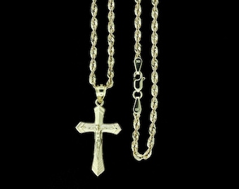 Real 10K Yellow Gold Jesus Cross Pendant Diamond Cut & 2.5mm Rope Chain Necklace, Crucifix Cross Charm, Mens Womens, Gift For Him or Her