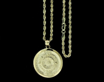 Real 10K Solid Yellow Gold Aztec Mayan Calendar Pendant With 2.5mm Rope Chain • 10K Gold Mayan Sun Calendar Medallion • Christmas Gift