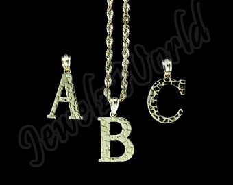 10K Solid Yellow Gold Nugget Initial Letter Charm Pendant A-Z Alphabet • Rope Chain Necklace Set • Nugget A-Z Alphabet Necklace Charm