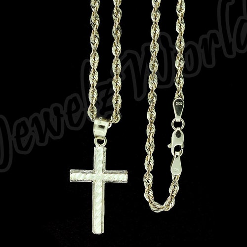 14K Gold Rope Chain Cross Pendant Necklace With Bevel Edge Etsy