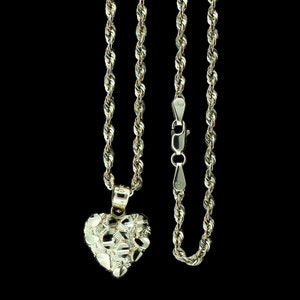 Real 10K Yellow Gold Nugget Heart Charm Pendant With 2.5mm Rope Chain Necklace Set • Heart Charm Pendant • Mother's Day Gift