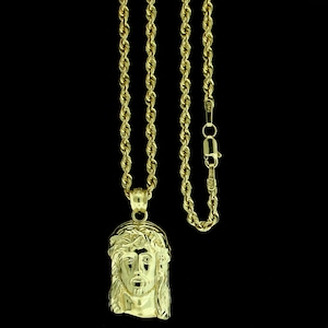 Real 10K Solid Yellow Gold Jesus Face Charm Pendant With 2.5mm Rope Chain Necklace Set • 10K Gold Jesus Piece Charm Pendant • Christmas Gift