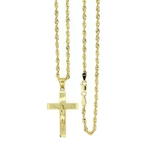 Real 10K Yellow Gold Jesus Cross Charm Pendant Diamond Cut & 2.5mm Rope Chain Necklace Set • Mens Jesus Crucifix Pendant • Christmas Gift
