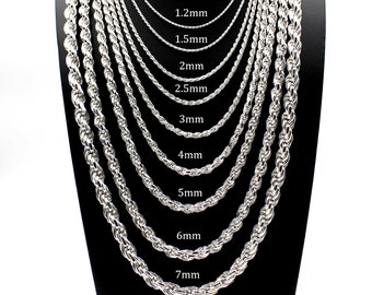 Solid 925 Sterling Silver Diamond Cut Rope Chain Bracelet Necklace ITALY 1.2mm 1.5mm  2mm 2.5mm 3mm 4mm 5mm 6mm 7mm, 7"-30" Men Women