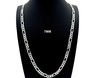 7MM Solid 925 Sterling Silver FIGARO CHAIN Necklace Bracelet, Italian Figaro Link Chain  7"-30" Mens Women, Made in Italy