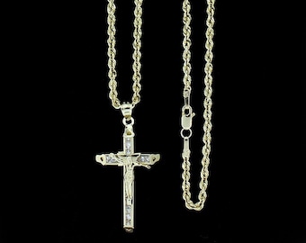 Mens 10K Yellow Gold Jesus CZ Cross Charm Pendant Diamond Cut & 2.5mm Rope Chain Necklace Set • Cross Charm Pendant • Christmas Gift