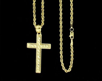 Mens Real 10K Yellow Gold Jesus Cross Charm Pendant Nugget & 2.5mm Rope Chain Necklace Set • Nugget Cross Charm Pendant • Christmas Gift