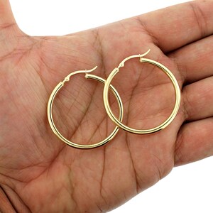 Real 10K Solid Yellow Gold 3mm X 38mm 1.5&quot; Plain Shiny Round Tube Hoop Earrings •  Gold Hoops • 10K Gold Earrings • Hoop Earrings