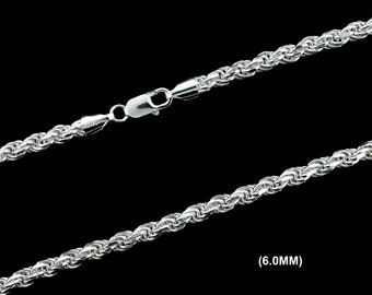 6MM Solid 925 Sterling Silver ROPE CHAIN Bracelet or Necklace, Italian, Diamond Cut, Made in Italy, 18" 20" 22" 24" 26" 28" 30" Inches