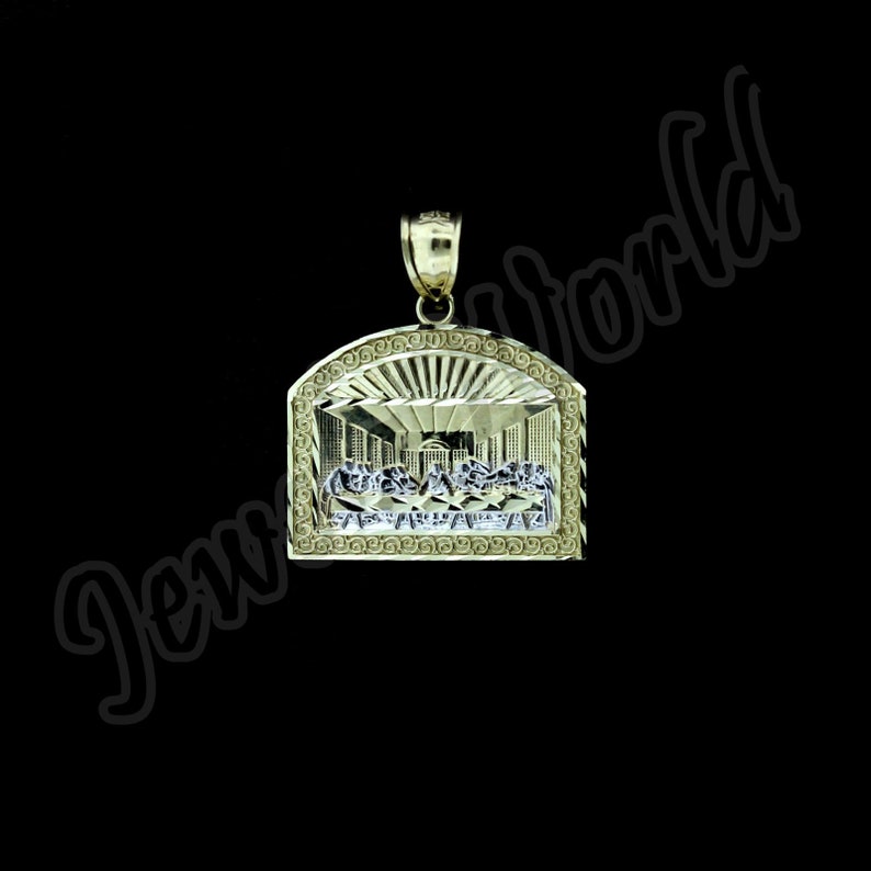 JewelzWorld 10K Yellow Gold Religious Last Supper Jesus Charm Pendant With 2mm Rope Chain Necklace Set