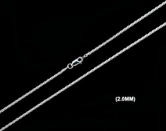 2MM Solid 925 Sterling Silver ROPE CHAIN Bracelet or Necklace, Italian, Diamond Cut, Made in Italy, 16" 18" 20" 22" 24" 26" 28" 30" Inches
