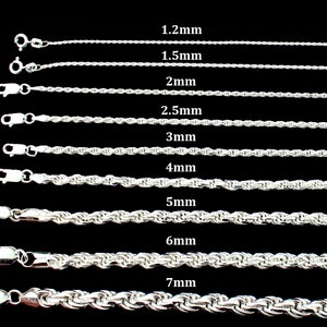 Real Solid 925 Sterling Silver Diamond Cut Rope Chain Bracelet Necklace ITALY 1.2mm 1.5mm  2mm 2.5mm 3mm 4mm 5mm 6mm 7mm, 7&quot;-30&quot; Men Women