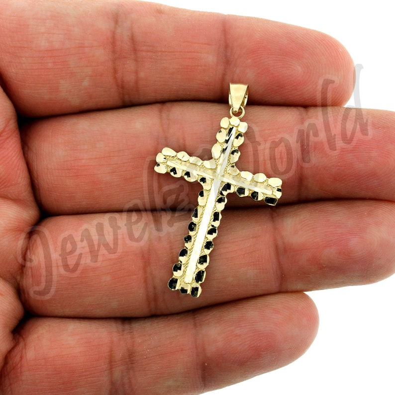 Mens Real 10K Yellow Gold Cross Pendant Diamond Cut Gold Crucifix Charm Nugget