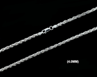 4MM Solid 925 Sterling Silver ROPE CHAIN Bracelet or Necklace, Italian, Diamond Cut, Made in Italy, 16" 18" 20" 22" 24" 26" 28" 30" Inches