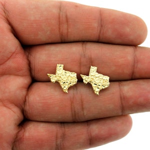 May include: A pair of gold-tone earrings shaped like the state of Texas. The earrings are textured and have a diamond-cut finish.
