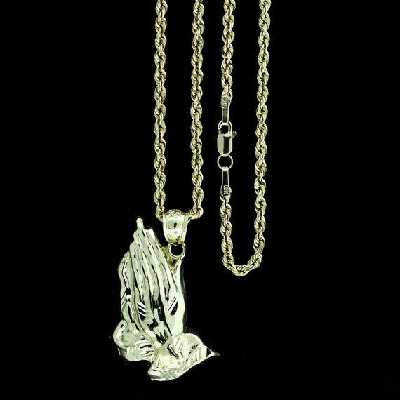 Mens Gold & Silver Plated Iced CZ Praying Hands Pendant 24  Gold-Plated Figuro Praying Hands Chain & Pendant main image 2