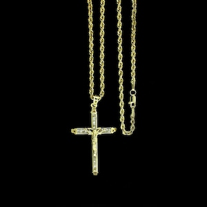 Real 10K Yellow Gold Jesus CZ Cross Charm Pendant Diamond Cut & 2.5mm Rope Chain Necklace Set • Mens Crucifix Charm Pendant • Christmas Gift