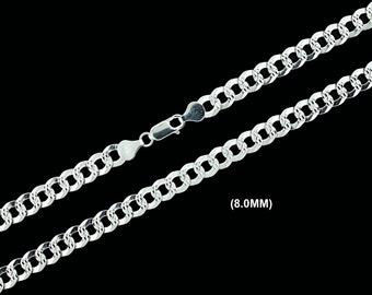 8MM Real SOLID 925 Sterling Silver Diamond Cut CURB CUBAN Link Chain Necklace Bracelet, Mens Women, Gift For Him & Her, Made in Italy