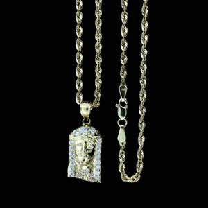 Real 10K Yellow Gold Jesus Head Face CZ Charm Pendant & 2.5mm Rope Chain Necklace Set • 10K Gold Jesus Piece Charm Pendant • Christmas Gift
