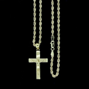 Real 10K Yellow Gold Jesus Cross Charm Pendant Diamond Cut & 2.5mm Rope Chain Necklace Set • Mens Cross Charm Pendant • Christmas Gift