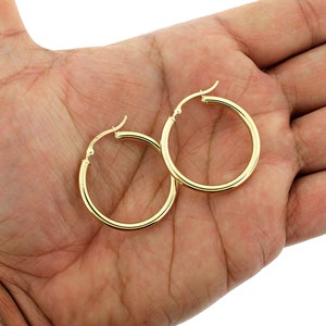 Real 10K Solid Yellow Gold 3mm X 32mm 1.25&quot; Plain Shiny Round Tube Hoop Earrings •  Gold Hoops • 10K Gold Earrings • Hoop Earrings