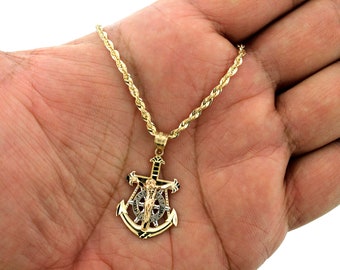 Mens 10K Gold Jesus Anchor Cross Charm Pendant With 2.5mm Rope Chain Necklace Set • 10K Gold Anchor Cross Pendant • Gift